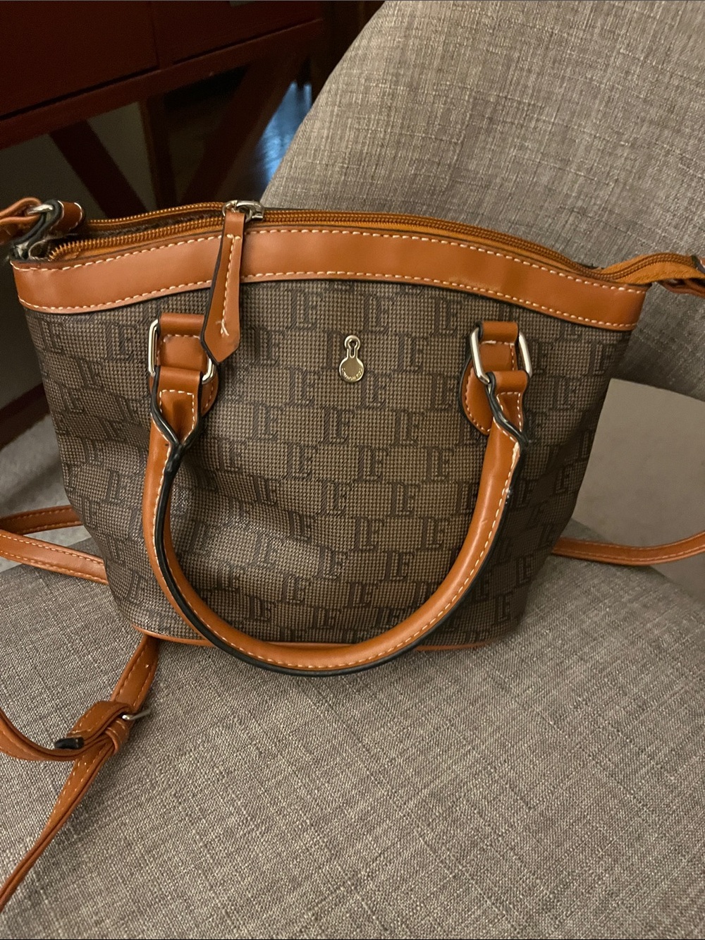 Brown Monogram Satchel with Tan Trim and Adjustable Strap